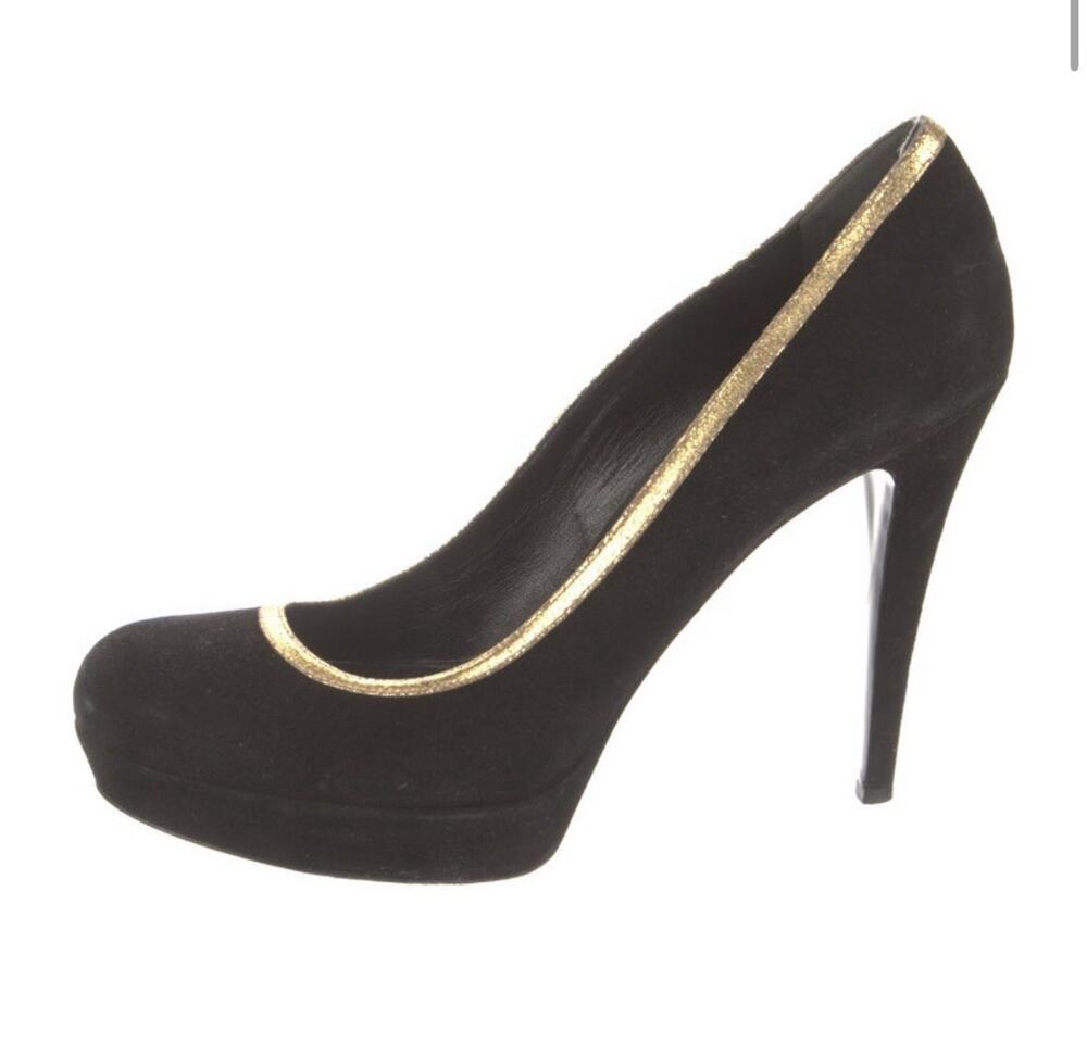 GUCCI Black Suede Gold Trim Platform Pump Heel Shoes Sz IT 40.5 US 10.5